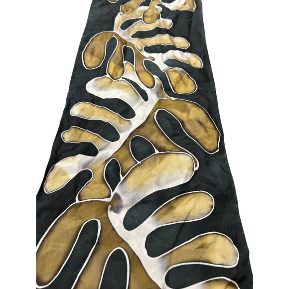 Hand Painted Scarf With Leaf Design Black Gold Rectangular Shawl Wrap Comfy - Picture 2 of 8